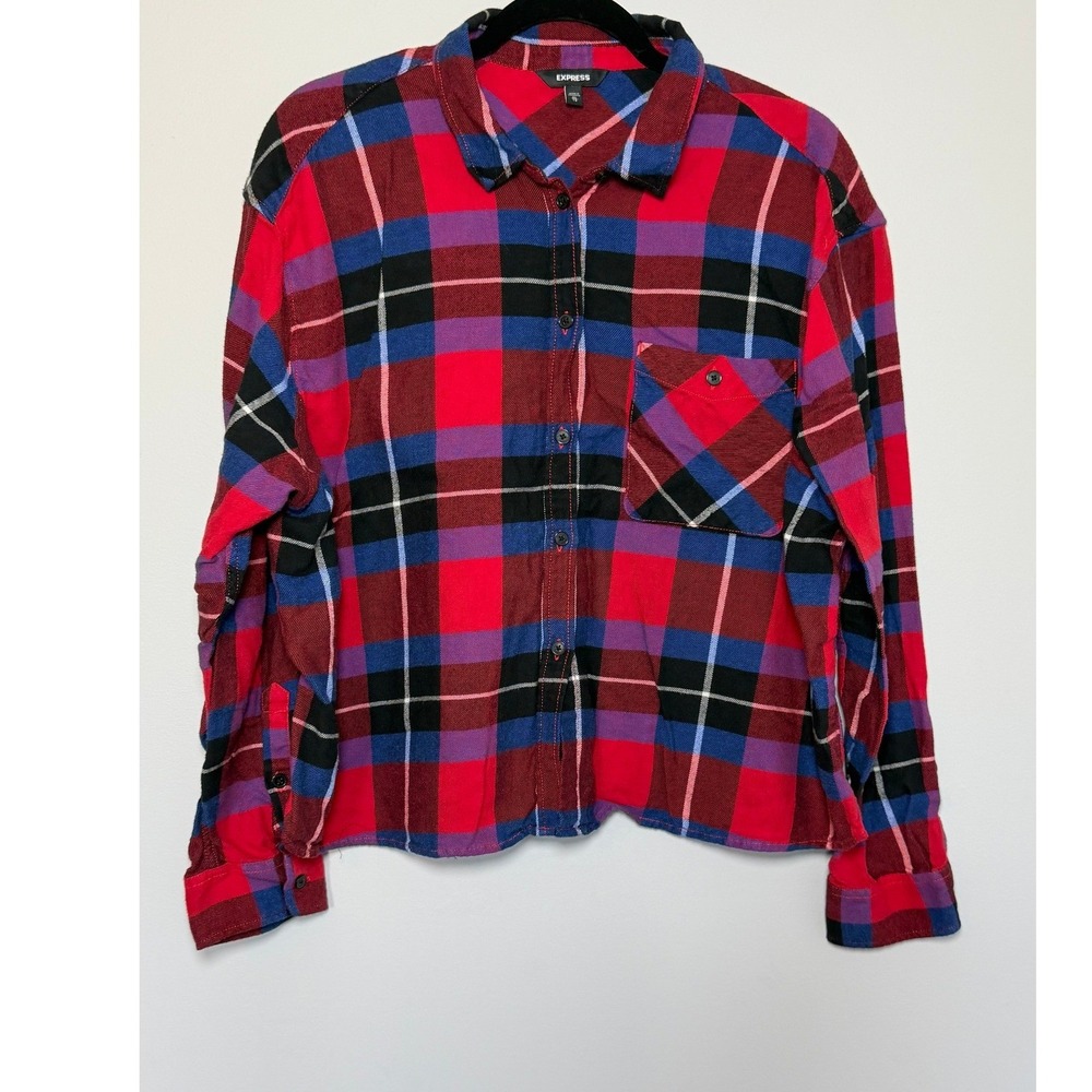 Express Women's Cropped Red Blue Plaid Button Up Shirt Long Sleeve XL
